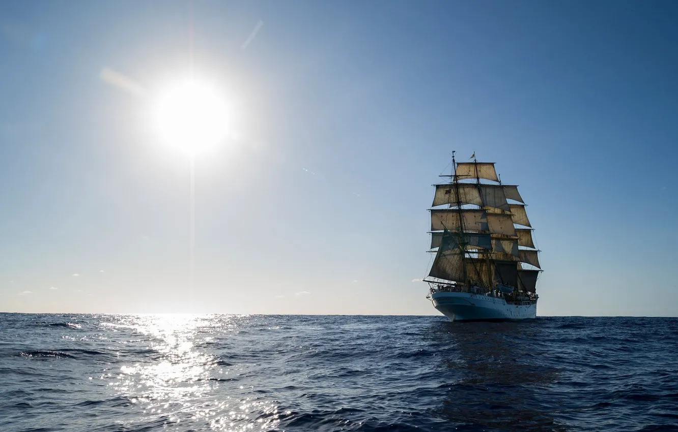 Photo wallpaper sea, the sun, the way, the wind, ship, sailboat, sail, mast