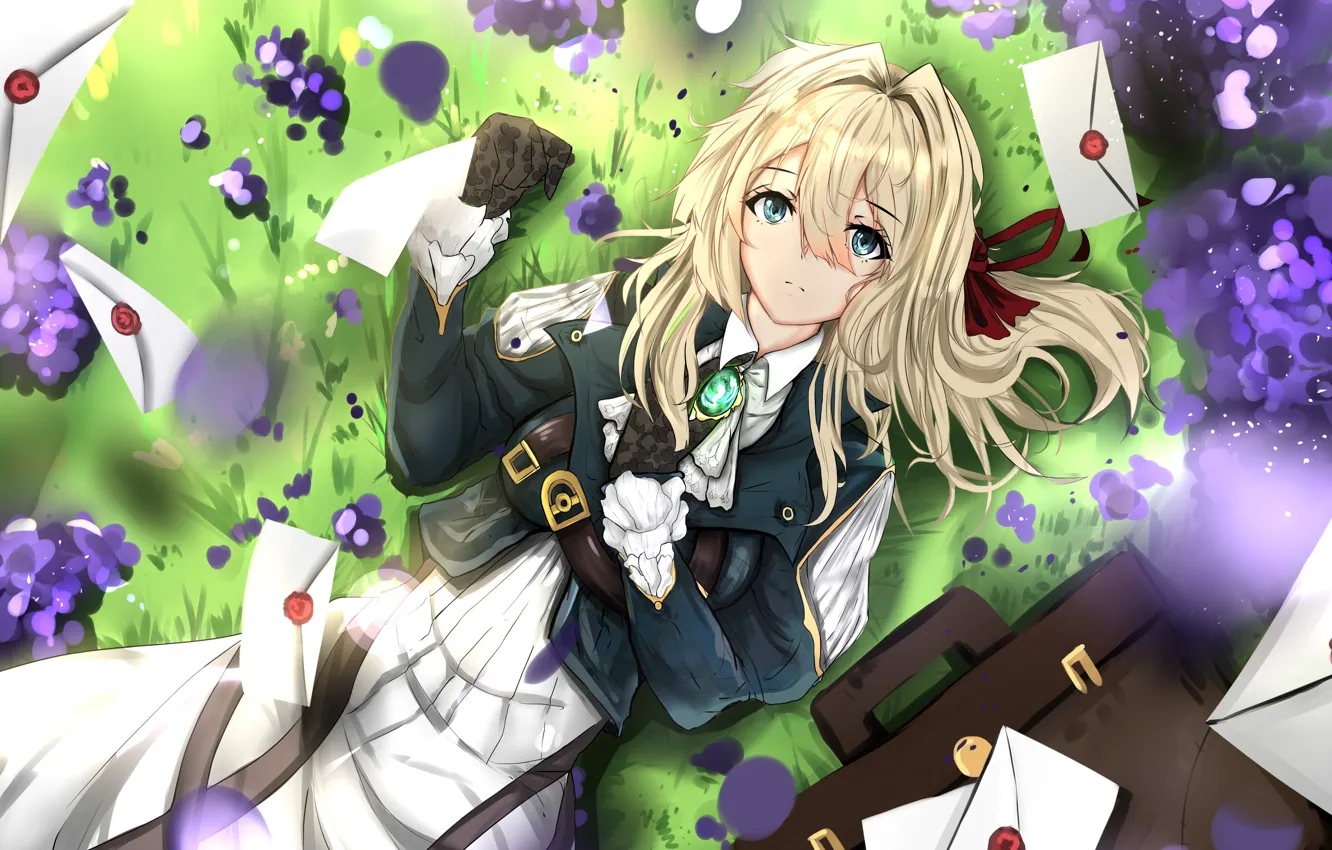 Photo wallpaper grass, field, anime, letters, violet evergarden