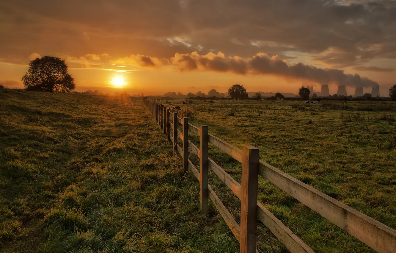 Photo wallpaper the sky, grass, the sun, clouds, trees, sunset, smoke, the fence