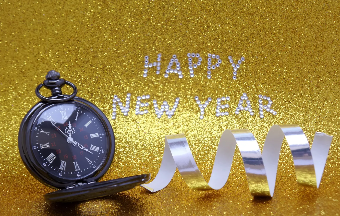 Photo wallpaper watch, New Year, figures, golden, New Year, Happy, glitter, 2016