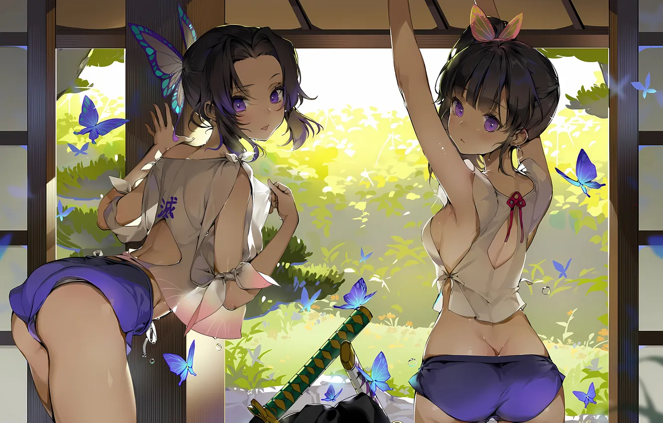 Photo wallpaper sexy, ass, cleavage, shorts, blouse, girls, boobs, anime