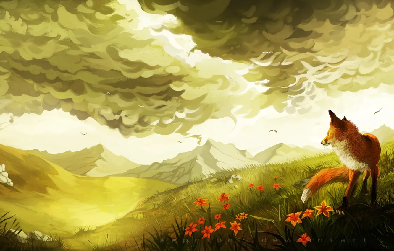 Photo wallpaper greens, clouds, flowers, hills, bird, art, Fox, painted landscape