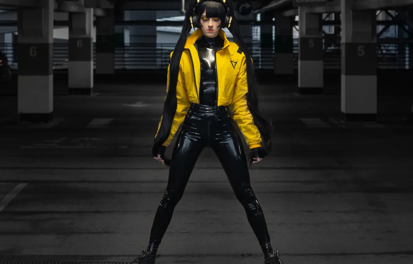 Photo wallpaper woman, model, cosplay, asian, jacket, outdoor, latex, headphone