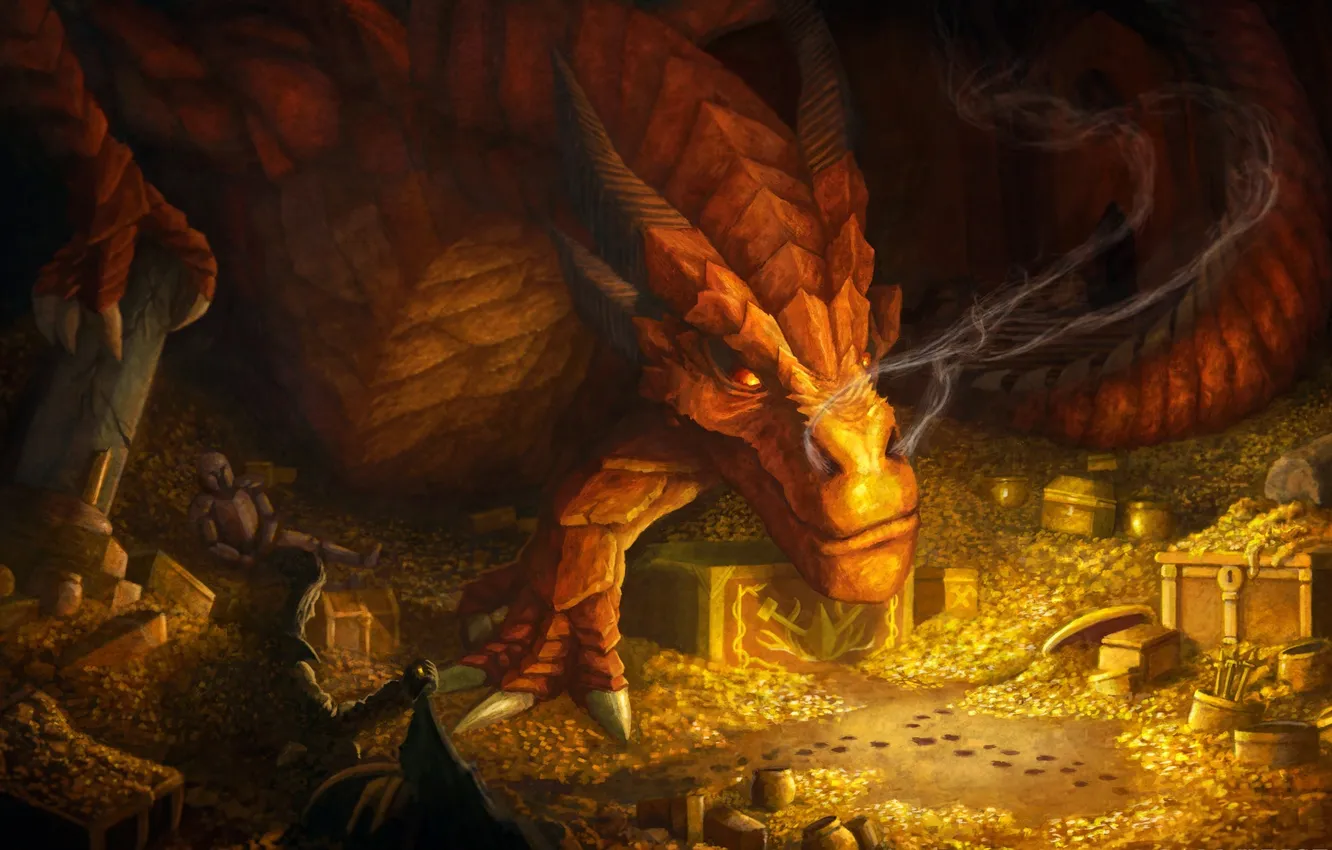 Photo wallpaper gold, dragon, smoke, art, treasures, The hobbit, The Hobbit: The Desolation Of Smaug, The Hobbit: …
