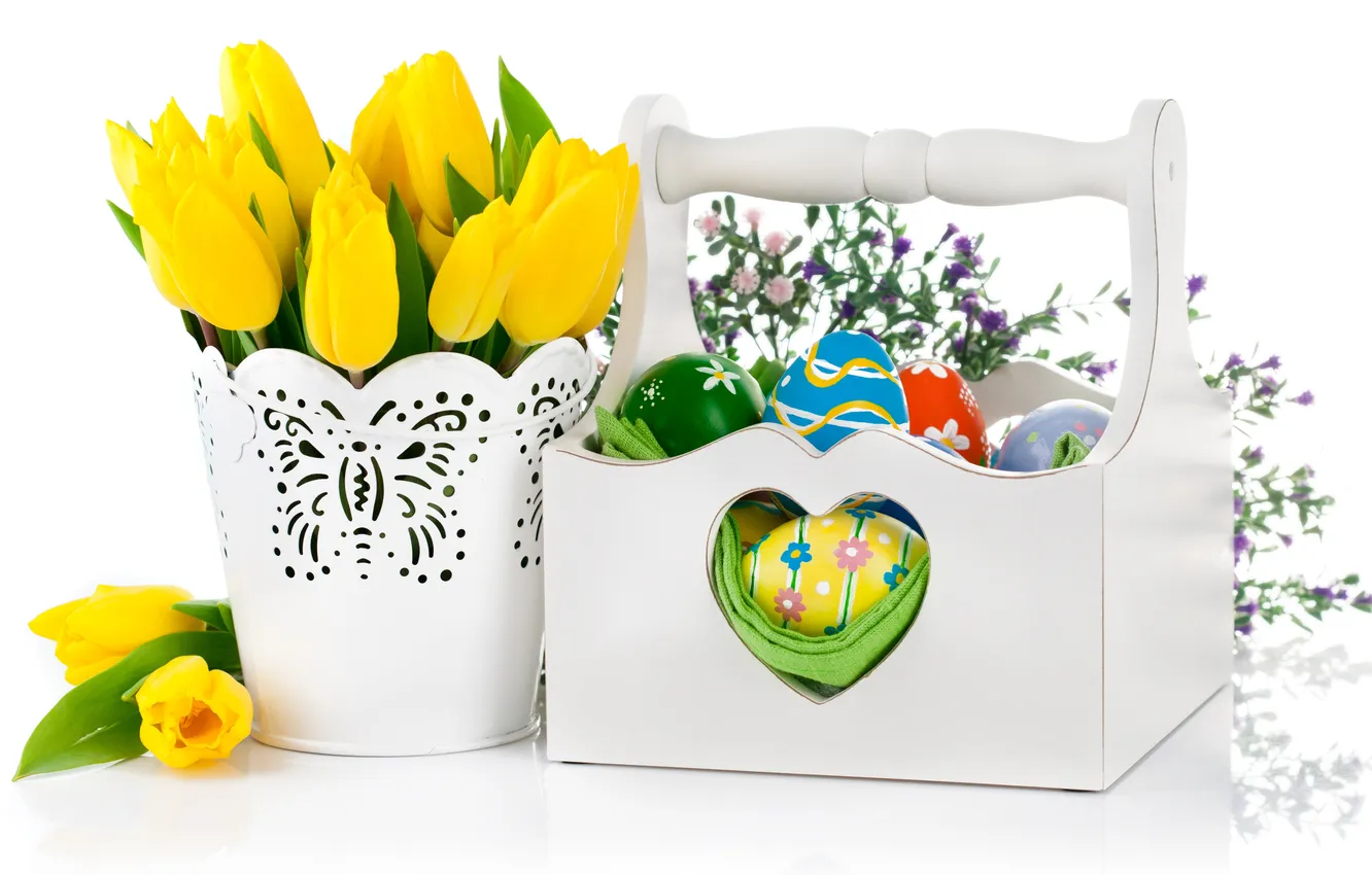 Photo wallpaper flowers, eggs, Easter, tulips