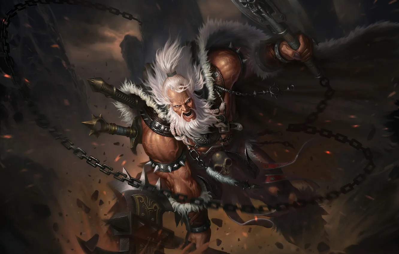 Photo wallpaper fragments, attack, rage, chain, diablo, axe, barbarian, Barbarian