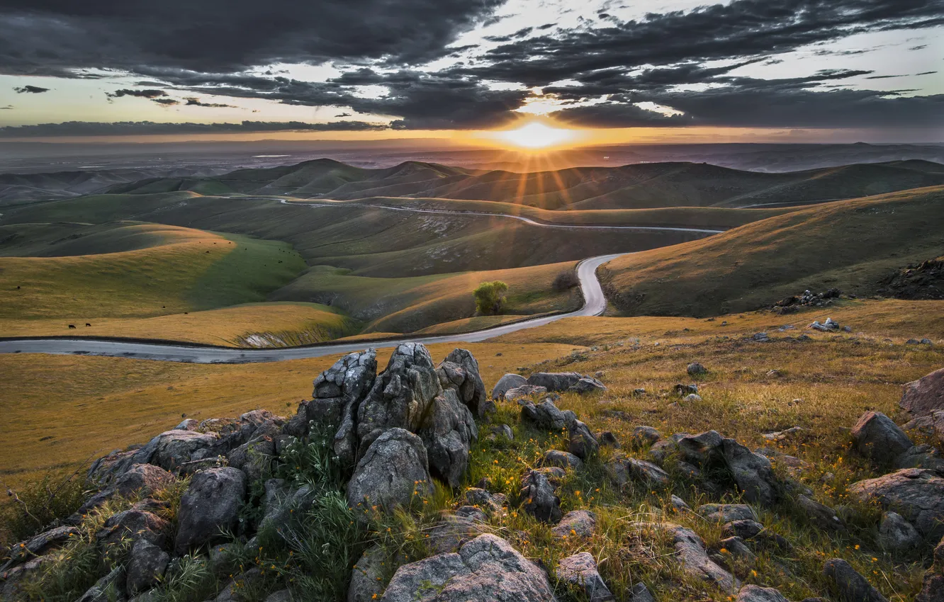Photo wallpaper road, nature, stones, dawn, valley
