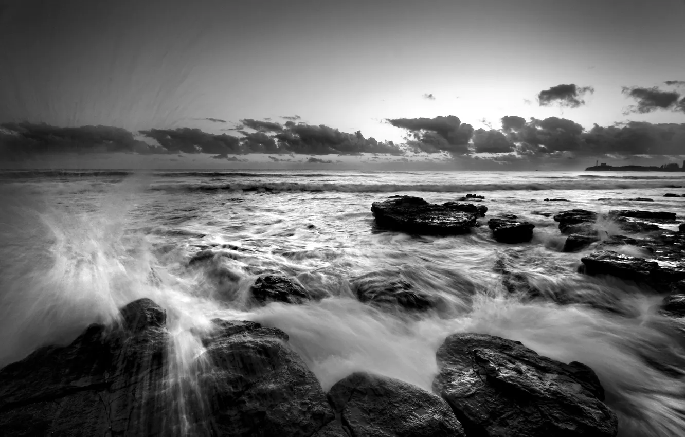 Photo wallpaper squirt, stones, wave, water, sea black and white