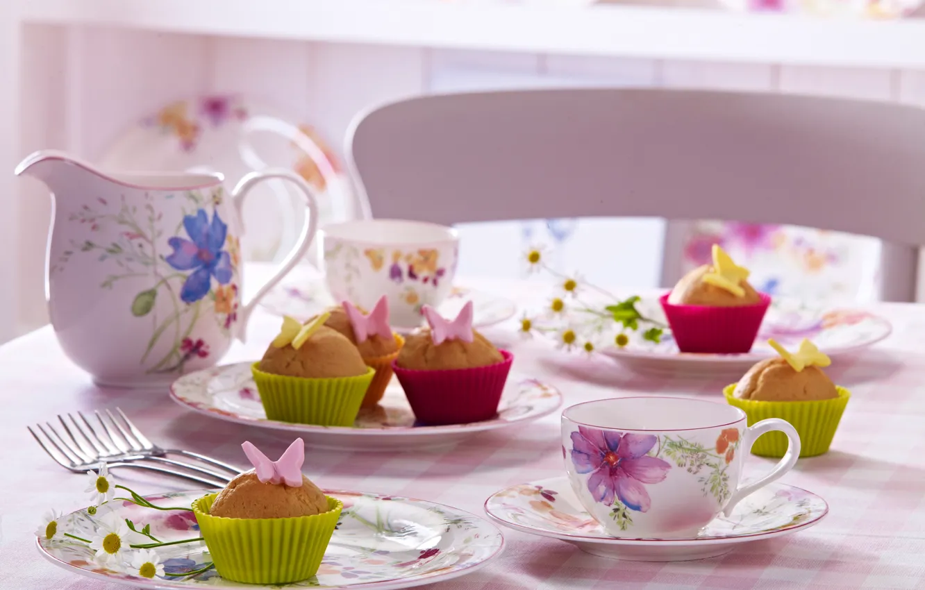 Photo wallpaper butterfly, flowers, table, food, Cup, cake, cake, dessert