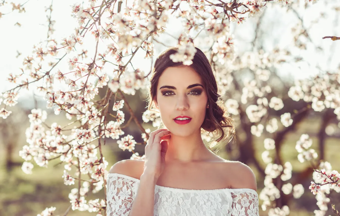 Photo wallpaper white, girl, light, flowers, branches, nature, pose, Park