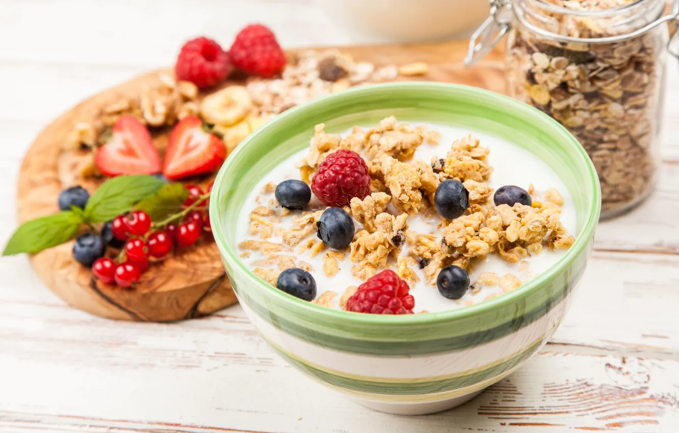 Photo wallpaper berries, food, Breakfast, yogurt, granola