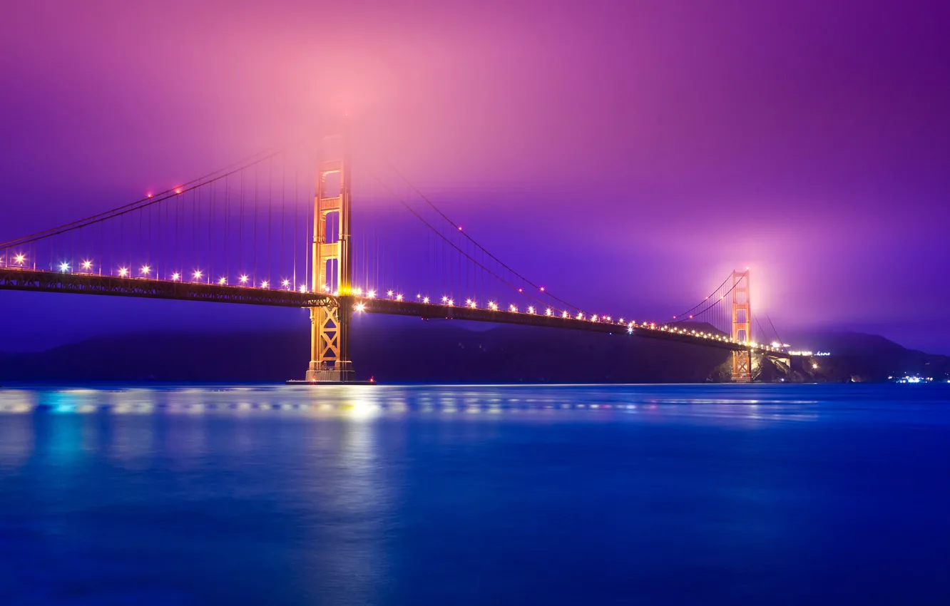 Photo wallpaper night, bridge, lights, fog, Strait, lights, Golden Gate, Golden Gate Bridge