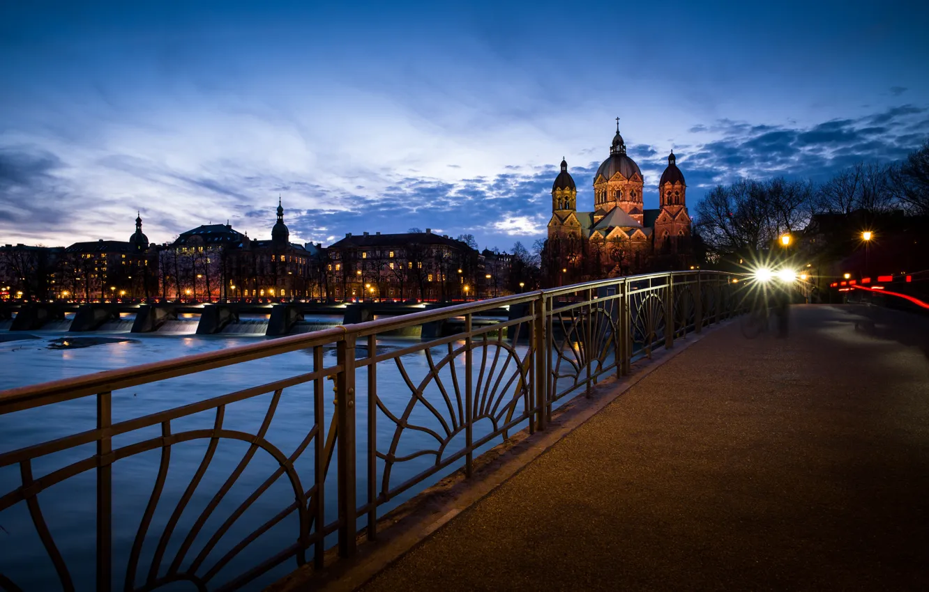 Photo wallpaper bridge, lights, river, home, the evening, Germany, Munich, lights