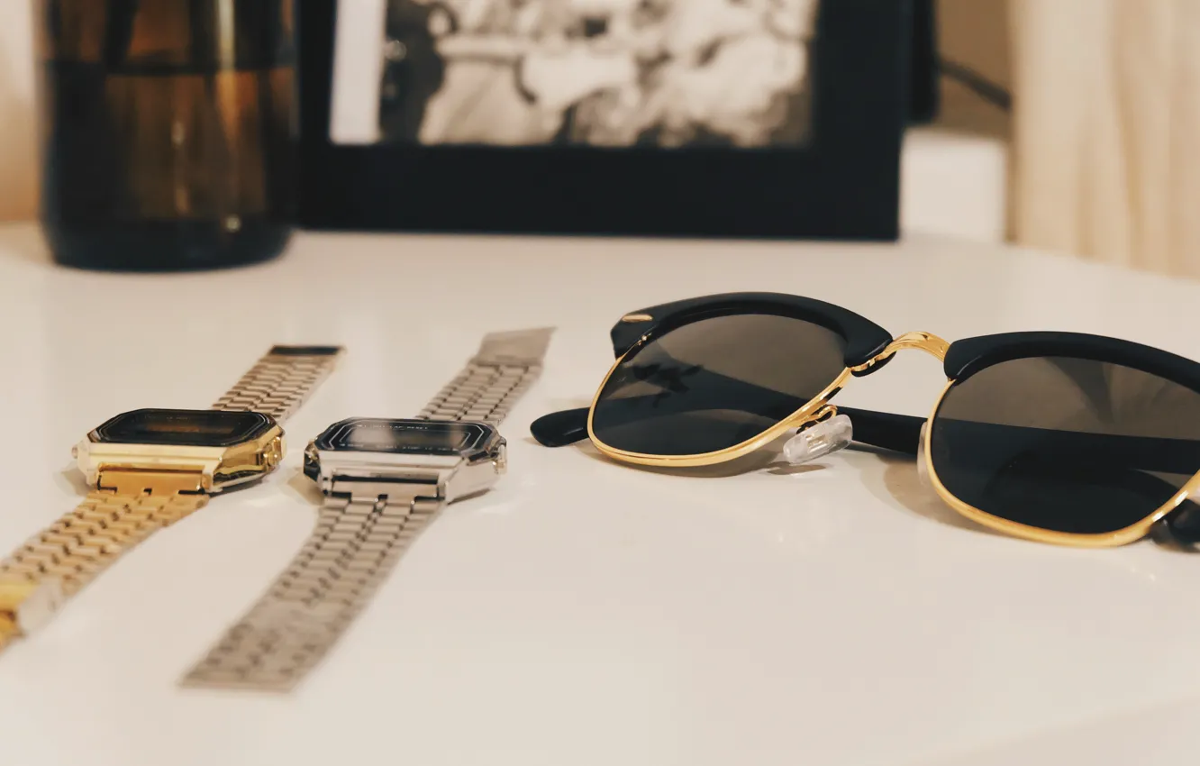 Photo wallpaper water, glass, photo, gold, silver, watch, frame, glasses