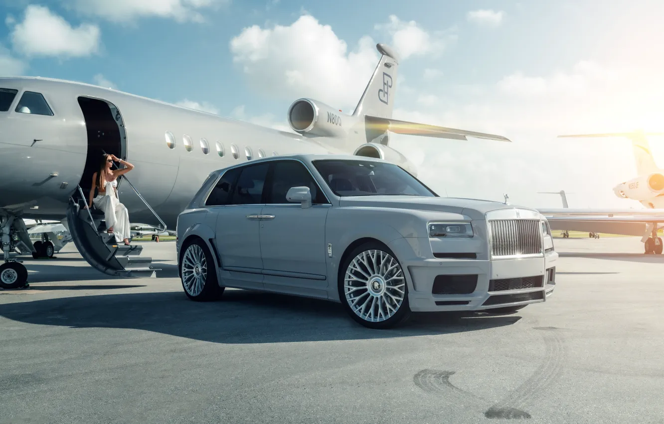 Photo wallpaper Girl, Rolls Royce, Airplane, Gray, SUV, Cullinan