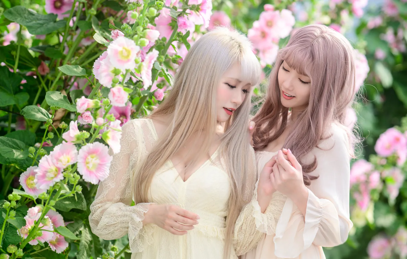 Photo wallpaper girl, flowers, pose, smile, together, hands, makeup, garden