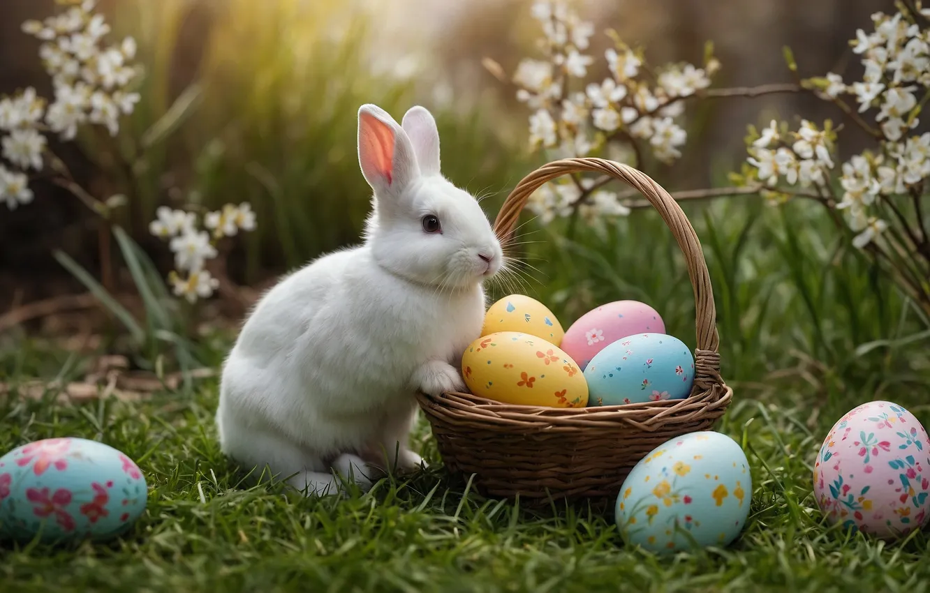 Photo wallpaper flowers, eggs, spring, colorful, Easter, happy, flowers, spring