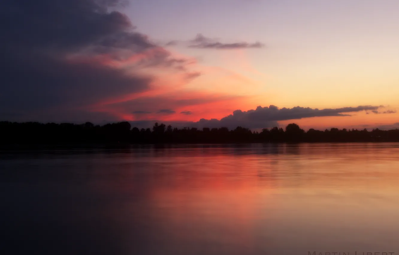 Photo wallpaper clouds, trees, sunset, nature, river, shore, the evening, twilight