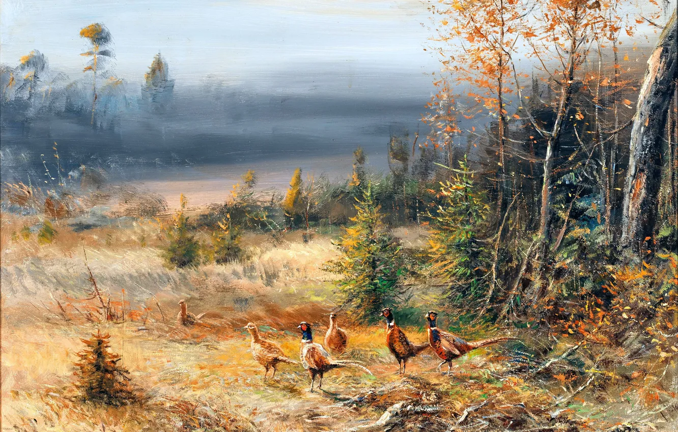 Photo wallpaper grass, trees, bird, picture, pheasant, German artist, Wilhelm Lorenz, Wilhelm Lorenz