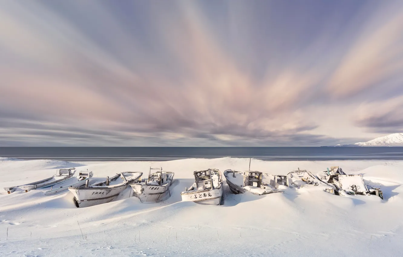 Photo wallpaper winter, the sky, clouds, snow, shore, boat, the snow, pond