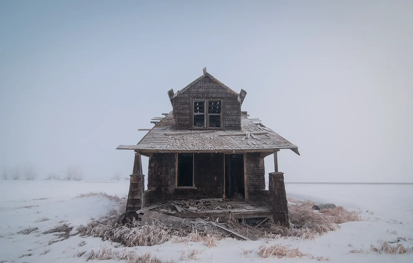 Photo wallpaper winter, fog, house
