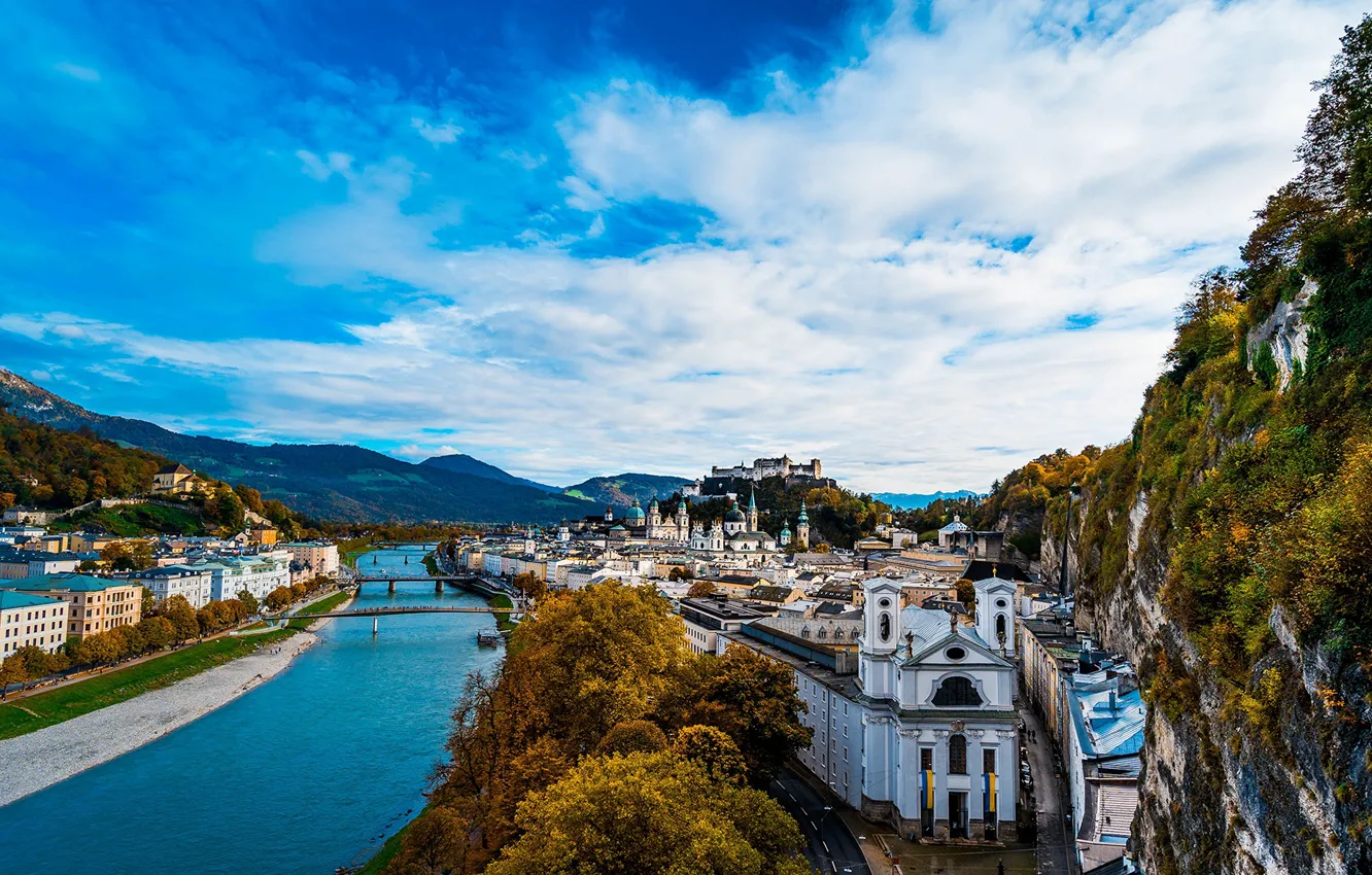 Photo wallpaper autumn, the sky, bridge, the city, river, Austria, Austria, Salzburg