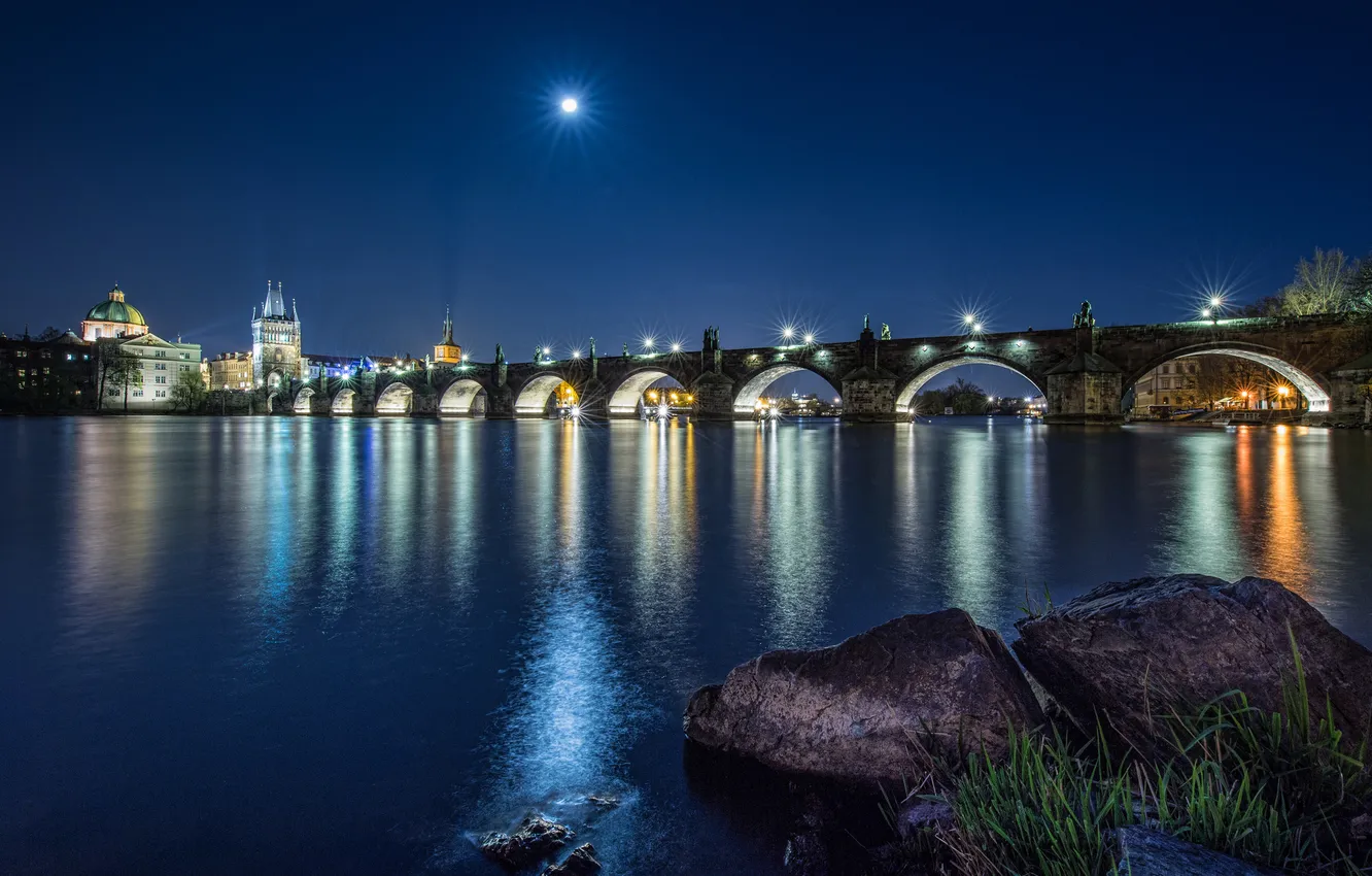 Photo wallpaper night, lights, reflection, the moon, Prague, Charles bridge