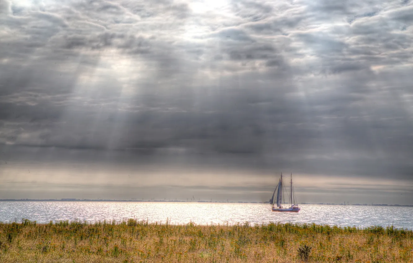 Photo wallpaper field, the sky, clouds, sailboat, Bay, sunlight