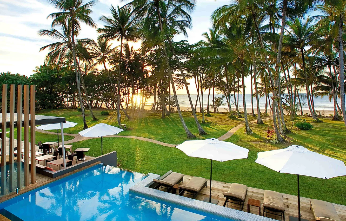 Photo wallpaper beach, palm trees, mood, the ocean, stay, shore, pool