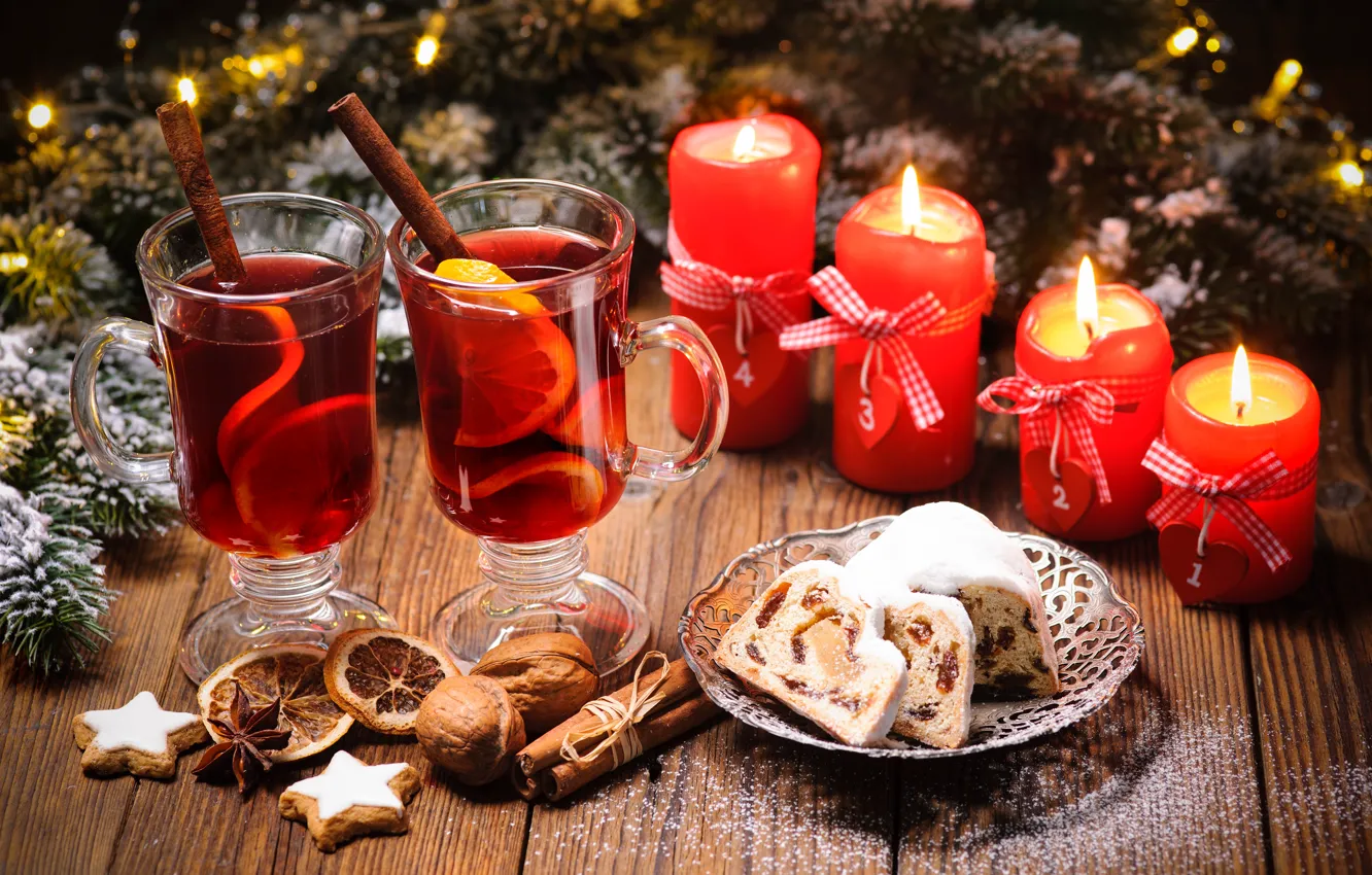 Photo wallpaper red, lights, holiday, lemon, glass, new year, candles, cookies