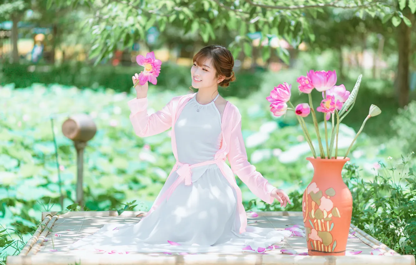 Photo wallpaper girl, flowers, nature, face, pose, makeup, garden, Asian