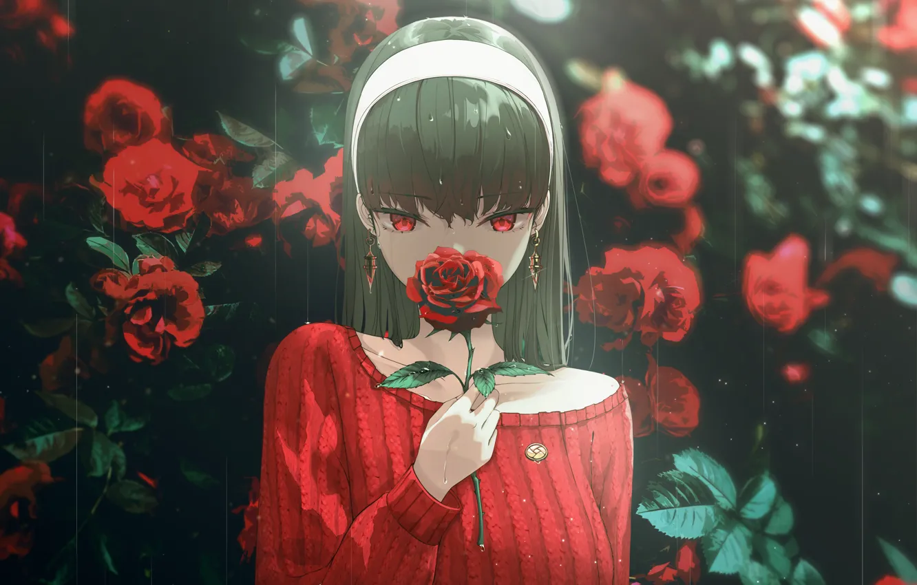 Photo wallpaper girl, flowers, long hair, red roses, Yoru Forger