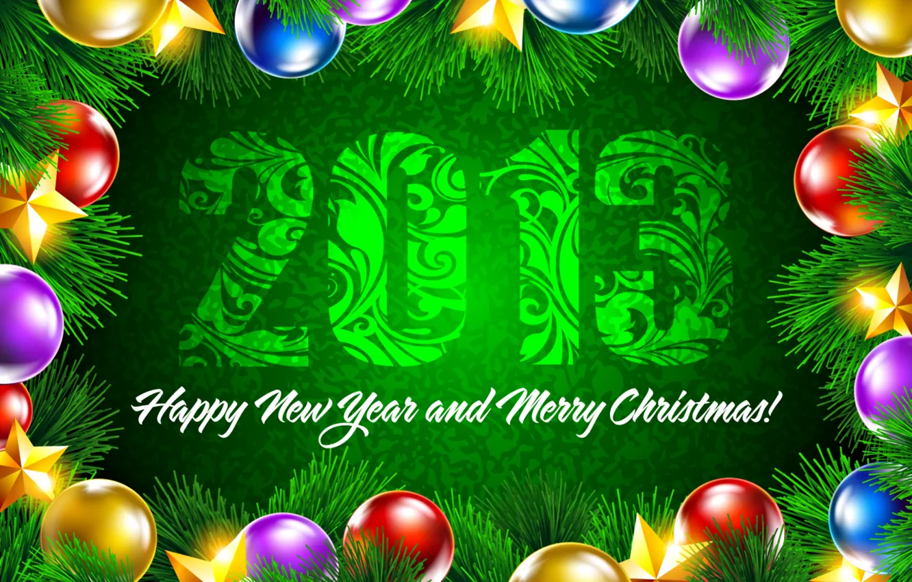 Photo wallpaper decoration, green, background, balls, star, stars, New year, Happy New Year