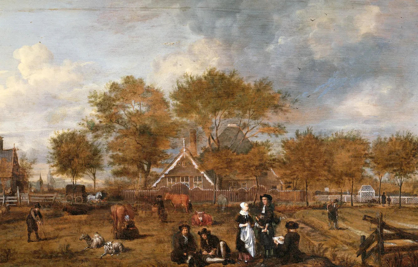 Photo wallpaper trees, landscape, oil, picture, Jan Pietersz Opperdoes, Farmstead