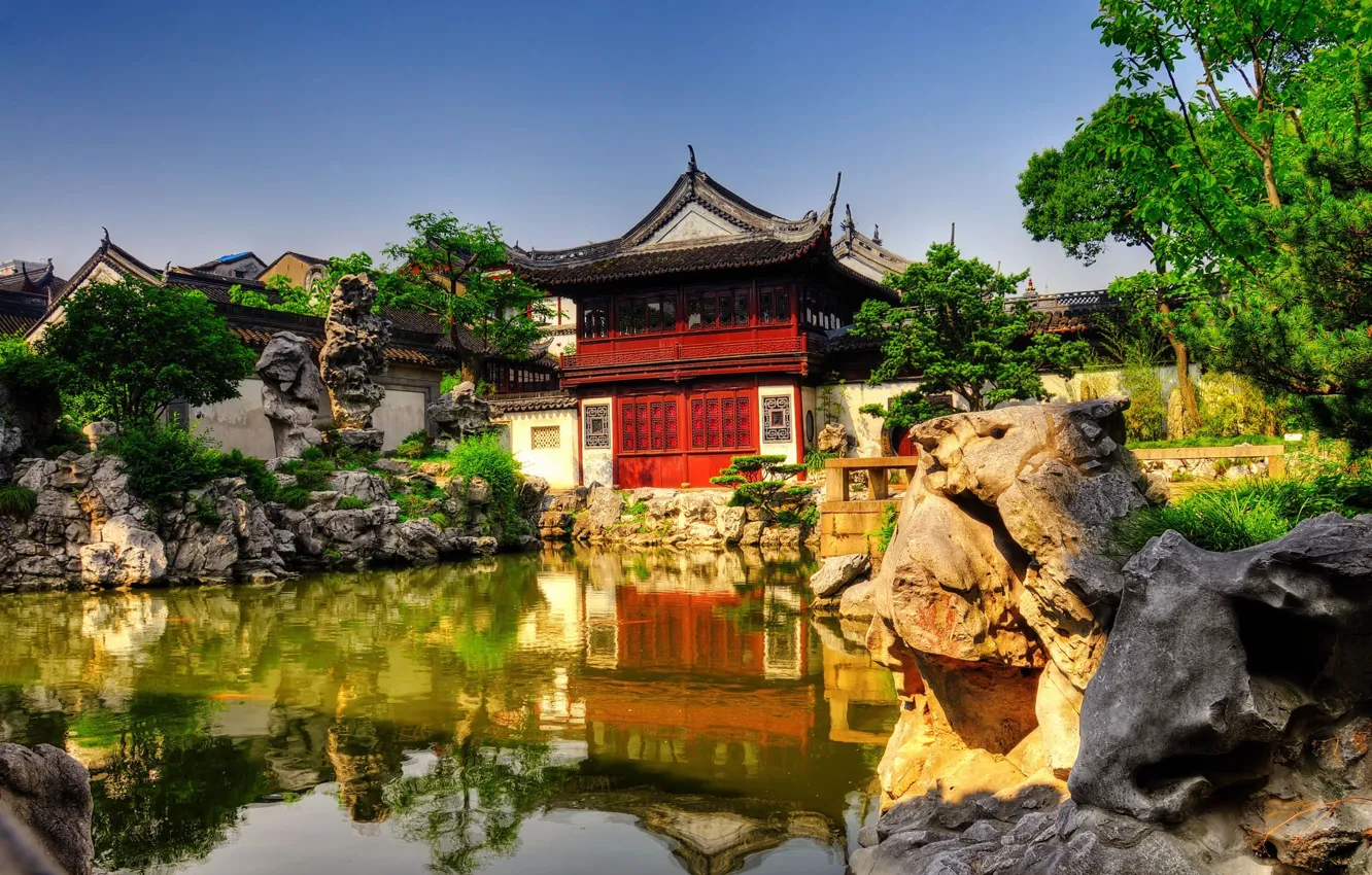 Photo wallpaper pond, reflection, stones, temple, Japan