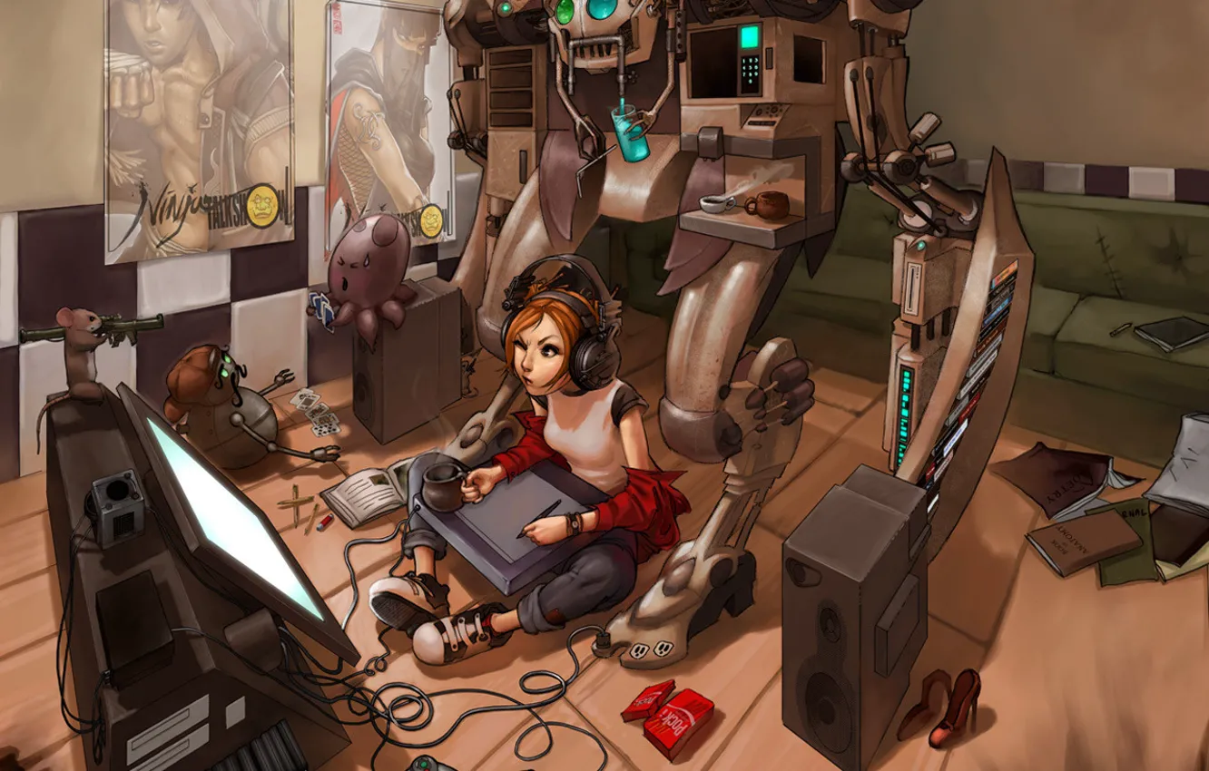 Photo wallpaper room, toys, robot, headphones, speakers, monitor, draws, mess