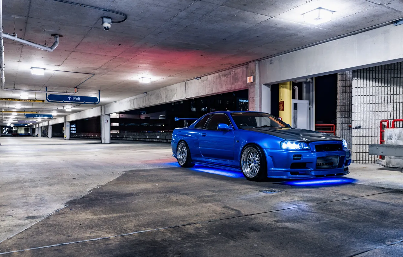 Photo wallpaper Blue, Lights, R34, Parking, NISMO