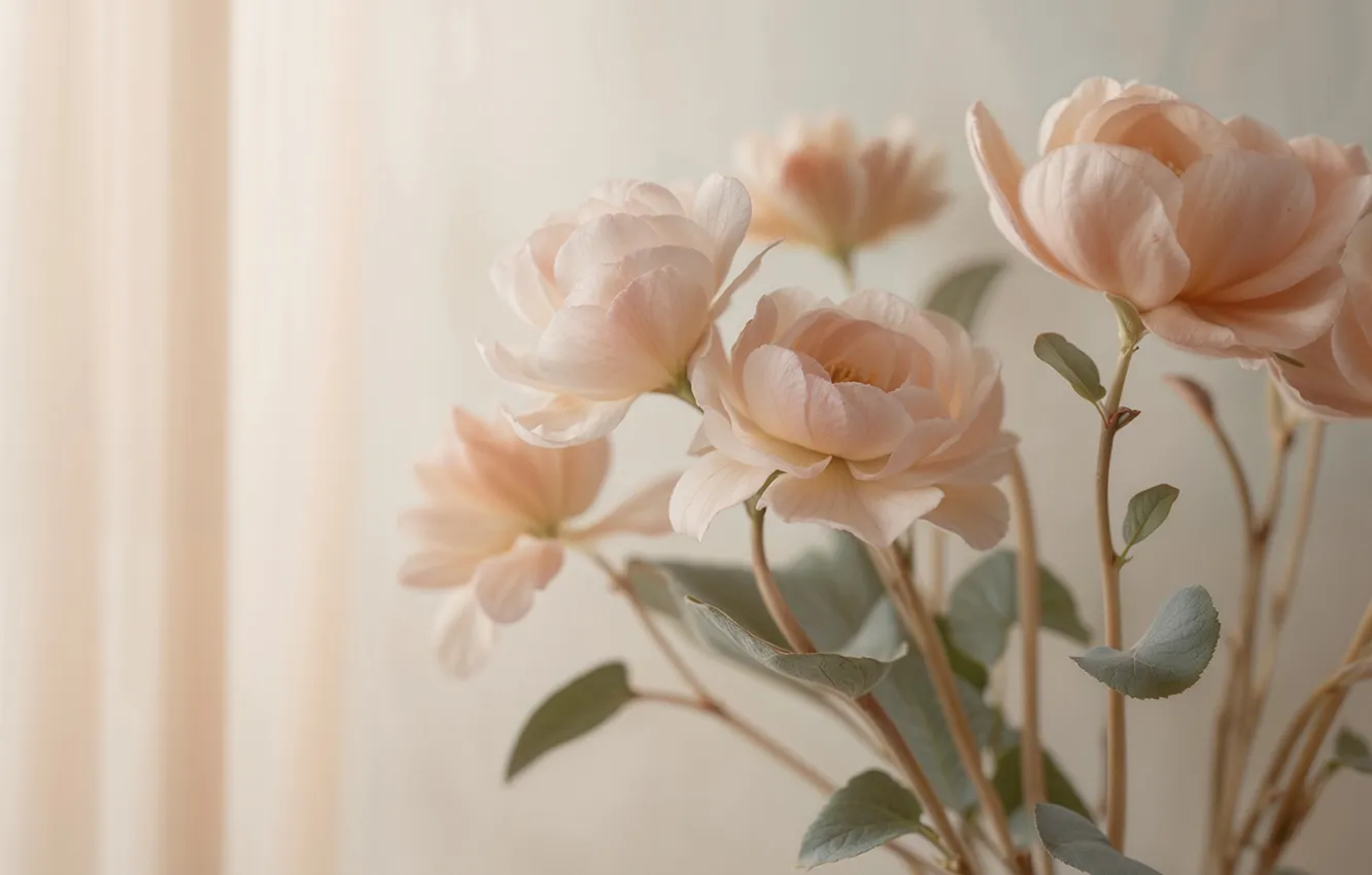 Photo wallpaper leaves, bouquet, cream, pink, light background, composition, Ranunculus, pastel colors