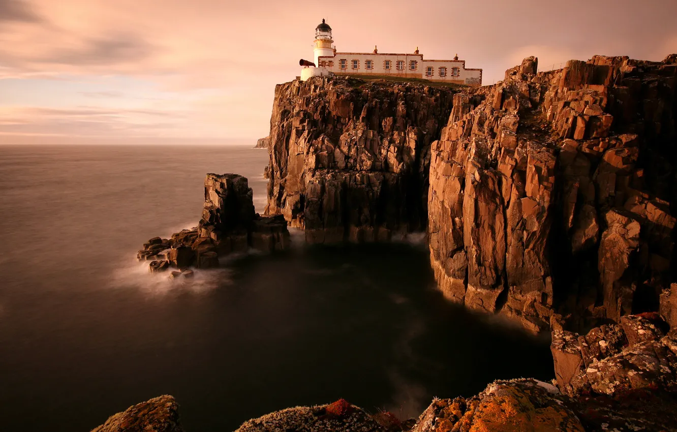 Photo wallpaper sea, the sky, clouds, stones, rocks, shore, lighthouse, height