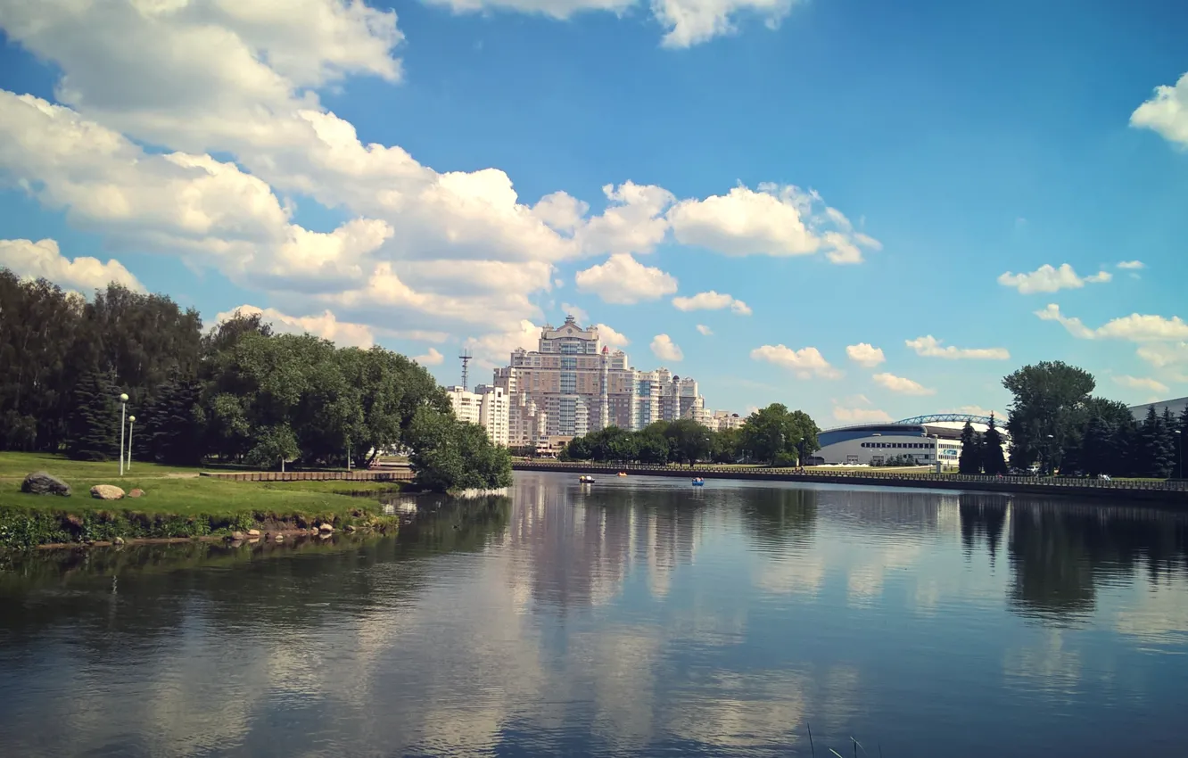 Photo wallpaper summer, nature, the city, reflection, river, the building, center, Belarus