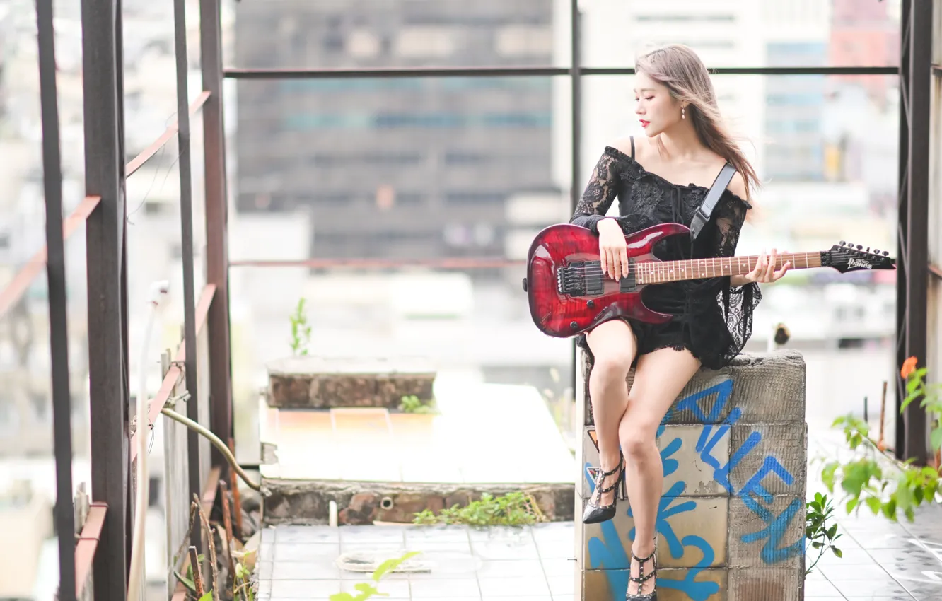 Photo wallpaper pose, model, guitar, portrait, makeup, figure, dress, window