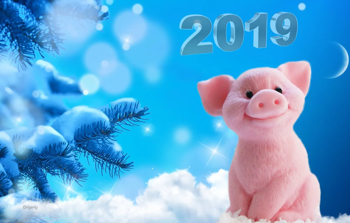 Photo wallpaper snow, snowflakes, the moon, new year, tree, pigs, 2019