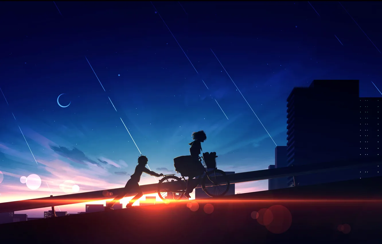 Photo wallpaper girl, sunset, bike, the city, guy, Crescent, shooting stars