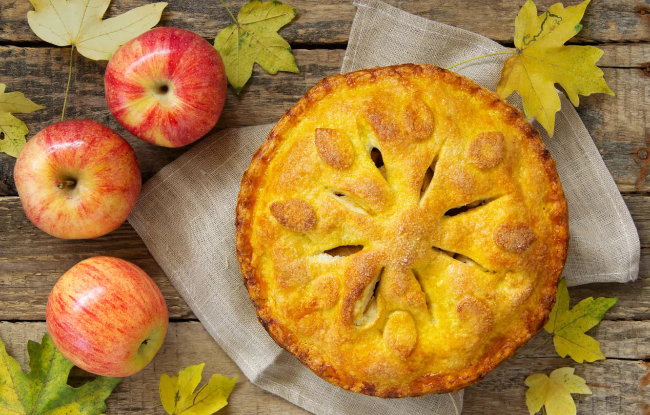 Photo wallpaper autumn, leaves, apples, food, pie, fruit, dessert, cakes