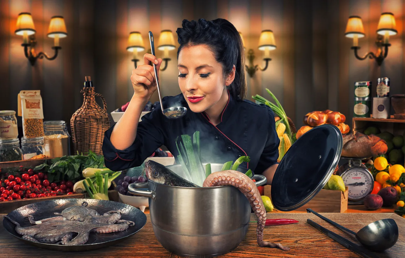 Photo wallpaper fish, kitchen, cook, seafood, cooking