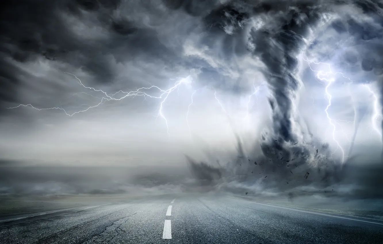 Photo wallpaper storm, road, sky, Thunder, Tornado, powerful, science, vortex