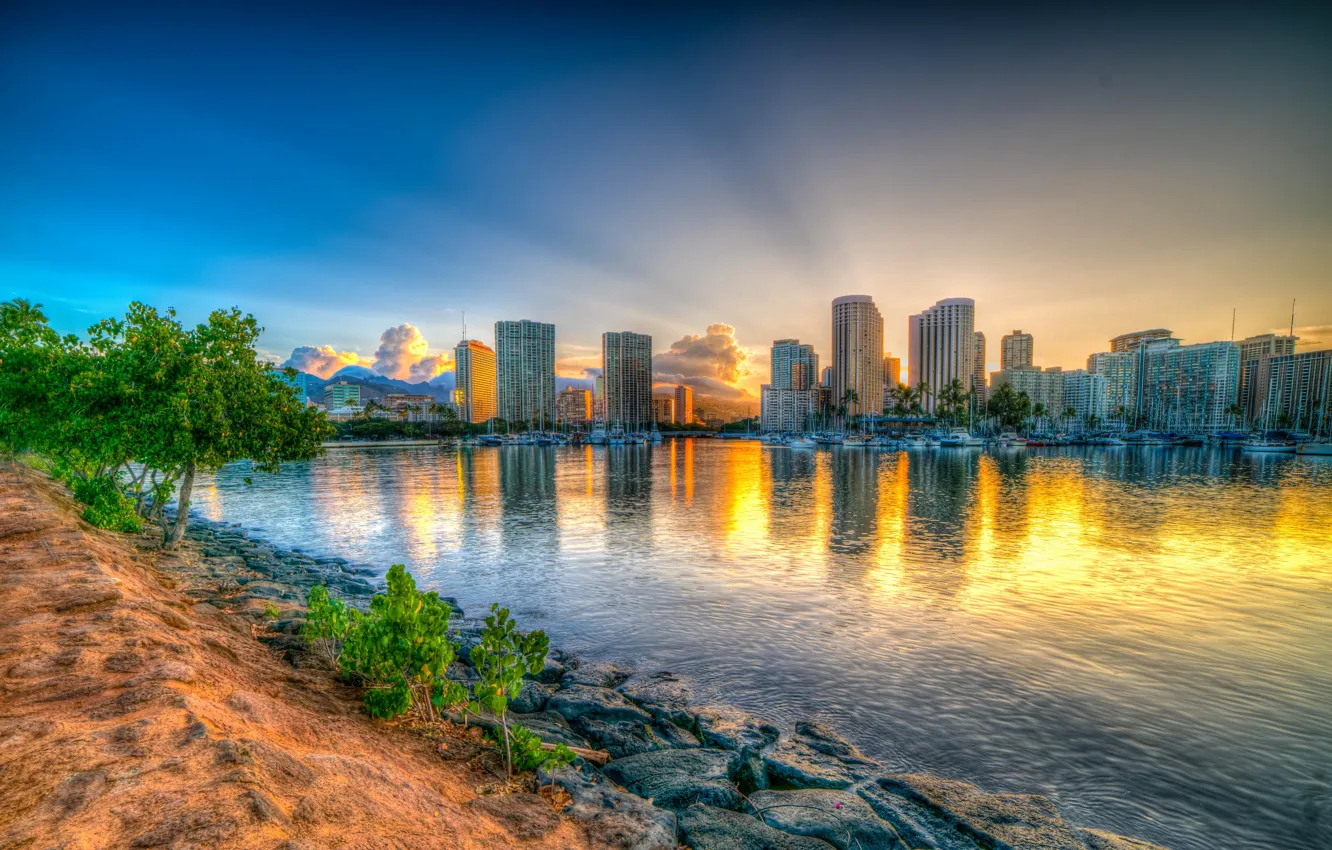 Photo wallpaper the sky, Islands, nature, reflection, HDR, skyscrapers, Hawaii, Bay