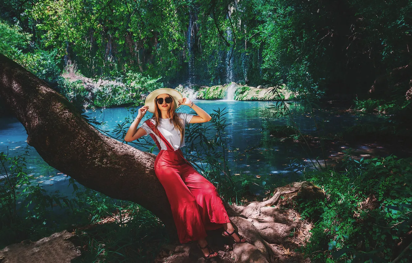 Photo wallpaper girl, nature, pose, lake, waterfall, hat, beautiful, Milicevic, Sergey