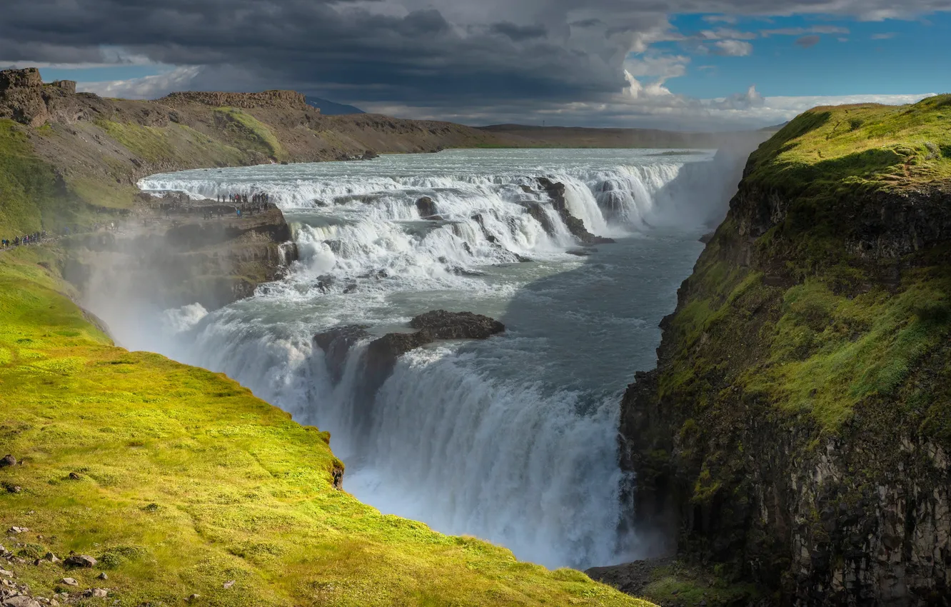 Photo wallpaper shore, waterfall, stream, rocks, open
