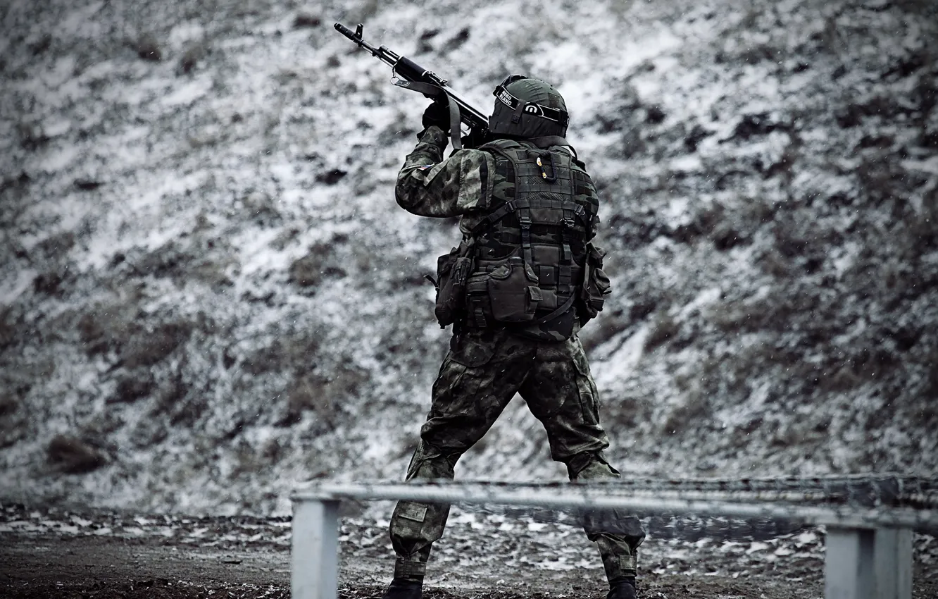 Photo wallpaper snow, military, special forces, Russia, Kalashnikov, aiming